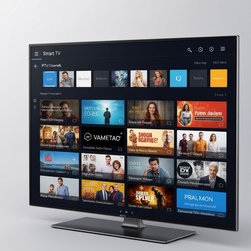 Interface IPTV - Tela de TV mostrando serviço de IPTV premium